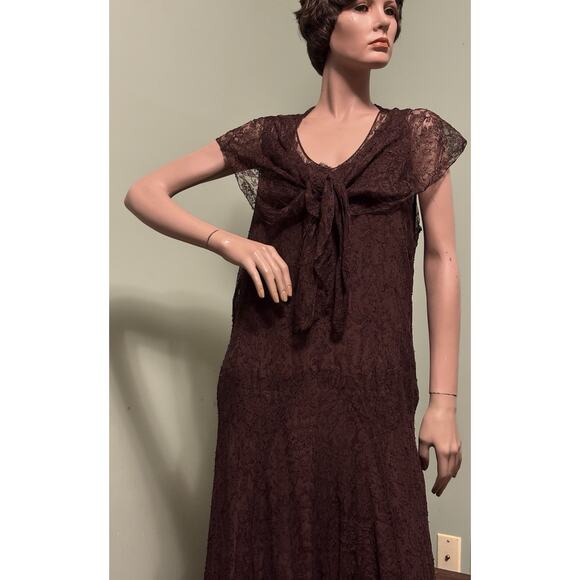 Vintage Dresses & Skirts - Vintage 1930s Brown Floral Lace Sleeveless Maxi GOWN w/Shawl and Full Silk Slip